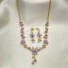 Oro Laminado Necklace and Earring, Gold Filled Style Flower and Teardrop Design, with Amethyst Cubic Zirconia, Polished, Golden Finish, 06.221.0016.1