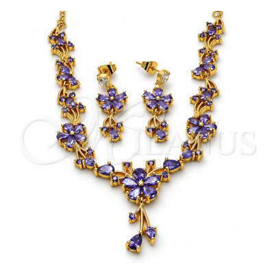 Oro Laminado Necklace and Earring, Gold Filled Style Flower and Teardrop Design, with Amethyst Cubic Zirconia, Polished, Golden Finish, 06.221.0016.1
