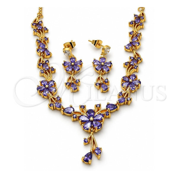 Oro Laminado Necklace and Earring, Gold Filled Style Flower and Teardrop Design, with Amethyst Cubic Zirconia, Polished, Golden Finish, 06.221.0016.1