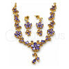 Oro Laminado Necklace and Earring, Gold Filled Style Flower and Teardrop Design, with Amethyst Cubic Zirconia, Polished, Golden Finish, 06.221.0016.1