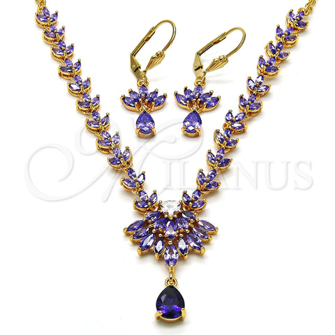 Oro Laminado Necklace and Earring, Gold Filled Style Teardrop and Leaf Design, with Amethyst and White Cubic Zirconia, Polished, Golden Finish, 06.236.0003.1