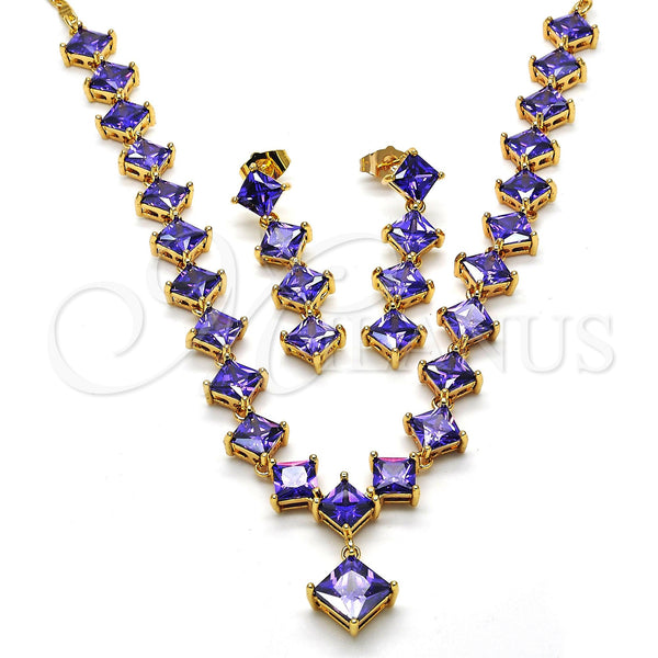 Oro Laminado Necklace and Earring, Gold Filled Style with Amethyst Cubic Zirconia, Polished, Golden Finish, 06.236.0004