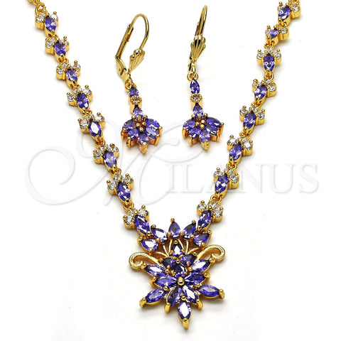 Oro Laminado Necklace and Earring, Gold Filled Style Teardrop Design, with Amethyst and White Cubic Zirconia, Polished, Golden Finish, 06.236.0005.1