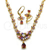 Oro Laminado Necklace and Earring, Gold Filled Style Teardrop and Leaf Design, with Multicolor Cubic Zirconia, Polished, Golden Finish, 06.236.0002.1