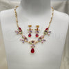 Oro Laminado Necklace and Earring, Gold Filled Style Flower and Teardrop Design, with Multicolor Cubic Zirconia, Polished, Golden Finish, 06.205.0003.1