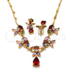 Oro Laminado Necklace and Earring, Gold Filled Style Flower and Teardrop Design, with Multicolor Cubic Zirconia, Polished, Golden Finish, 06.205.0003.1