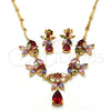 Oro Laminado Necklace and Earring, Gold Filled Style Flower and Teardrop Design, with Multicolor Cubic Zirconia, Polished, Golden Finish, 06.205.0003.1