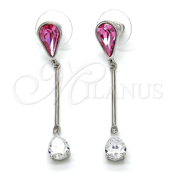 Rhodium Plated Long Earring, Teardrop Design, with Rose Swarovski Crystals and White Cubic Zirconia, Polished, Rhodium Finish, 02.26.0151.1