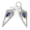 Rhodium Plated Long Earring, Teardrop and Flower Design, with Tanzanite Swarovski Crystals and White Cubic Zirconia, Polished, Rhodium Finish, 02.26.0155