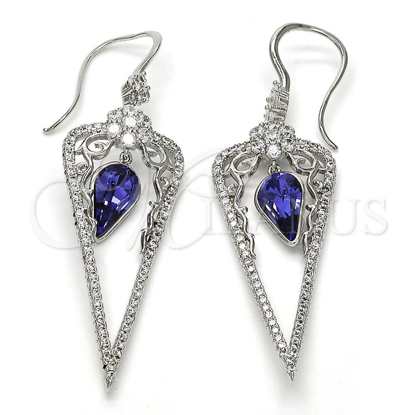 Rhodium Plated Long Earring, Teardrop and Flower Design, with Tanzanite Swarovski Crystals and White Cubic Zirconia, Polished, Rhodium Finish, 02.26.0155