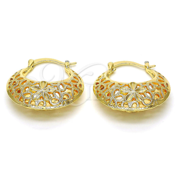 Gold Filled Hoop Earrings — Medium Hoop Flower Design Polished 02. — main product view — SKU 114801 | Oro Laminado aretes de aro — Medium Hoop flor diseño pulido 02. — SKU 114801