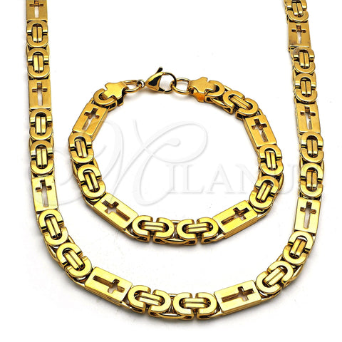 Stainless Steel Necklace and Bracelet, Cross Design, Polished, Golden Finish, 06.116.0005.1