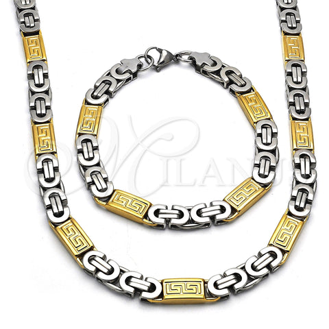 Stainless Steel Necklace and Bracelet, Greek Key Design, Polished, Two Tone, 06.116.0009.22