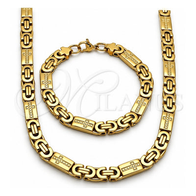 Stainless Steel Necklace and Bracelet, Cross Design, Polished, Golden Finish, 06.116.0010.22