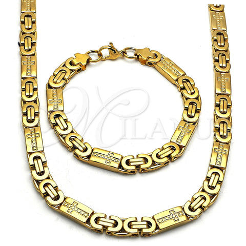 Stainless Steel Necklace and Bracelet, Cross Design, Polished, Golden Finish, 06.116.0010