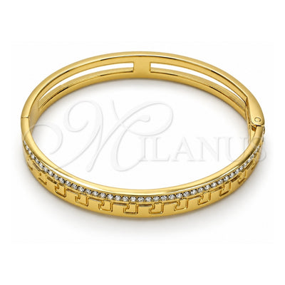 Oro Laminado Individual Bangle, Gold Filled Style Greek Key Design, with White Crystal, Polished, Golden Finish, 07.252.0035.04 (08 MM Thickness, Size 4 (2.25 Diameter))