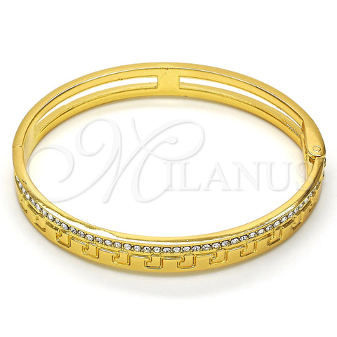 Oro Laminado Individual Bangle, Gold Filled Style Greek Key Design, with White Crystal, Polished, Golden Finish, 07.252.0035.04 (08 MM Thickness, Size 4 (2.25 Diameter))