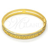 Oro Laminado Individual Bangle, Gold Filled Style Greek Key Design, with White Crystal, Polished, Golden Finish, 07.252.0035.04 (08 MM Thickness, Size 4 (2.25 Diameter))