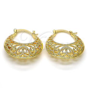 Gold Filled Hoop Earrings — Medium Hoop Heart Design Diamond Cutting 02. — main product view — SKU 114963 | Oro Laminado aretes de aro — Medium Hoop corazón diseño Diamond Cutting 02. — SKU 114963