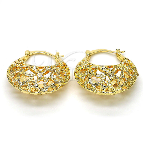 Gold Filled Hoop Earrings — Medium Hoop Heart Design Diamond Cutting 02. — main product view — SKU 114964 | Oro Laminado aretes de aro — Medium Hoop corazón diseño Diamond Cutting 02. — SKU 114964