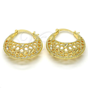 Gold Filled Hoop Earrings — Medium Hoop Leaf Design Diamond Cutting 02. — main product view — SKU 114967 | Oro Laminado aretes de aro — Medium Hoop Leaf diseño Diamond Cutting 02. — SKU 114967