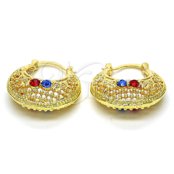 Gold Filled Hoop Earrings — Medium Hoop with Blue Topaz and Garnet Crystal — main product view — SKU 114969 | Oro Laminado aretes de aro — Medium Hoop with Blue Topaz and Garnet cristal — SKU 114969