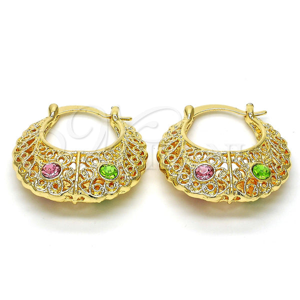 Gold Filled Hoop Earrings — Medium Hoop with Rose and Light Green Crystal — main product view — SKU 114970 | Oro Laminado aretes de aro — Medium Hoop with Rose and Light Green cristal — SKU 114970