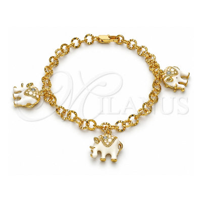 Oro Laminado Charm Bracelet, Gold Filled Style Elephant Design, with White Crystal, White Enamel Finish, Golden Finish, 03.63.1797.07 (05 MM Thickness, 7 Inches Length)
