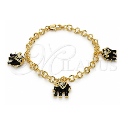 Oro Laminado Charm Bracelet, Gold Filled Style Elephant Design, with White Crystal, Black Enamel Finish, Golden Finish, 03.63.1797.1.07 (05 MM Thickness, 7 Inches Length)