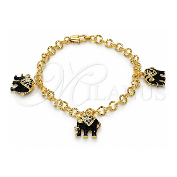 Oro Laminado Charm Bracelet, Gold Filled Style Elephant Design, with White Crystal, Black Enamel Finish, Golden Finish, 03.63.1797.1.07 (05 MM Thickness, 7 Inches Length)