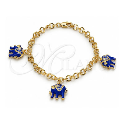 Oro Laminado Charm Bracelet, Gold Filled Style Elephant Design, with White Crystal, Blue Enamel Finish, Golden Finish, 03.63.1797.2.07 (05 MM Thickness, 7 Inches Length)
