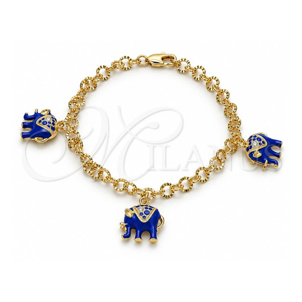 Oro Laminado Charm Bracelet, Gold Filled Style Elephant Design, with White Crystal, Blue Enamel Finish, Golden Finish, 03.63.1797.2.07 (05 MM Thickness, 7 Inches Length)