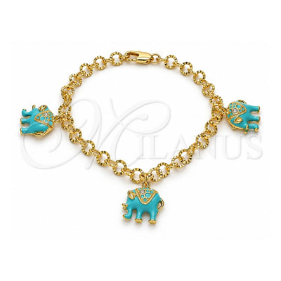 Oro Laminado Charm Bracelet, Gold Filled Style Elephant Design, with White Crystal, Turquoise Enamel Finish, Golden Finish, 03.63.1797.3.07 (05 MM Thickness, 7 Inches Length)