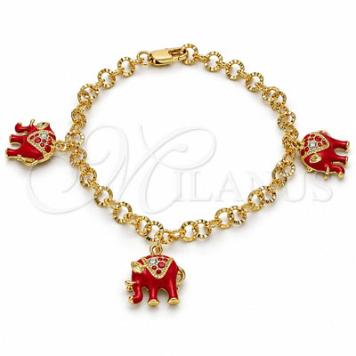 Oro Laminado Charm Bracelet, Gold Filled Style Elephant Design, with White Crystal, Red Enamel Finish, Golden Finish, 03.63.1797.5.07 (05 MM Thickness, 7 Inches Length)