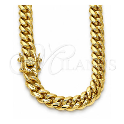 Stainless Steel Basic Necklace, Miami Cuban Design, Polished, Golden Finish, 03.278.0001.30 (200 Gauge, 08 MM Thickness, 30 Inches Length)