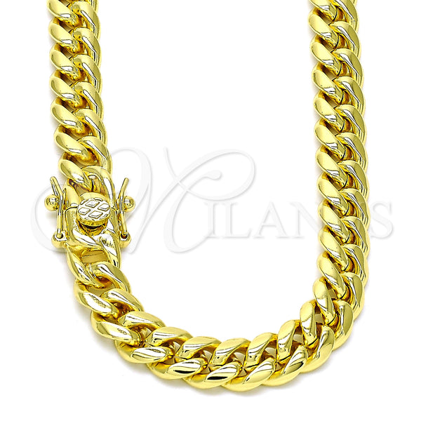 Stainless Steel Basic Necklace, Miami Cuban Design, Polished, Golden Finish, 03.278.0001.30 (200 Gauge, 08 MM Thickness, 30 Inches Length)