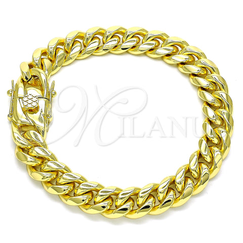 Stainless Steel Basic Bracelet, Miami Cuban Design, Polished, Golden Finish, 03.278.0002.08 (10 MM Thickness, 8 Inches Length)