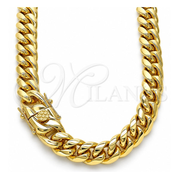 Stainless Steel Basic Necklace, Miami Cuban Design, Polished, Golden Finish, 03.278.0002.30 (10 MM Thickness, 30 Inches Length)