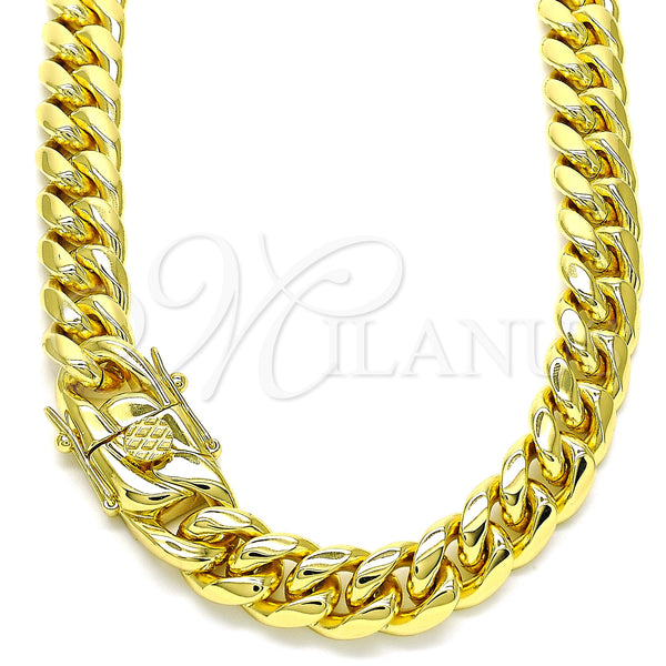Stainless Steel Basic Necklace, Miami Cuban Design, Polished, Golden Finish, 03.278.0002.30 (10 MM Thickness, 30 Inches Length)