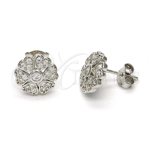Sterling Silver Stud Earring, Flower Design, with White Cubic Zirconia, Polished, Rhodium Finish, 02.285.0004