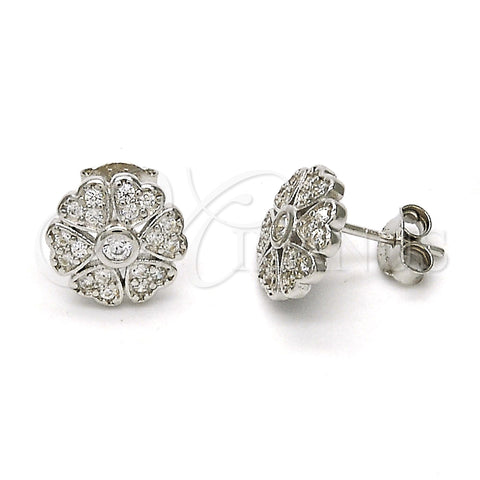 Sterling Silver Stud Earring, Flower Design, with White Cubic Zirconia, Polished, Rhodium Finish, 02.285.0004