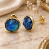 Oro Laminado Stud Earring, Gold Filled Style with Sapphire Blue Opal, Polished, Golden Finish, 02.09.0125