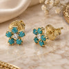 Oro Laminado Stud Earring, Gold Filled Style Flower Design, with Aquamarine Crystal, Polished, Golden Finish, 02.09.0126