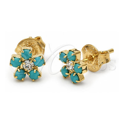 Oro Laminado Stud Earring, Gold Filled Style Flower Design, with Aquamarine Crystal, Polished, Golden Finish, 02.09.0126