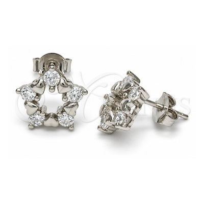 Sterling Silver Stud Earring, Star and Heart Design, with White Cubic Zirconia, Polished, Rhodium Finish, 02.285.0027
