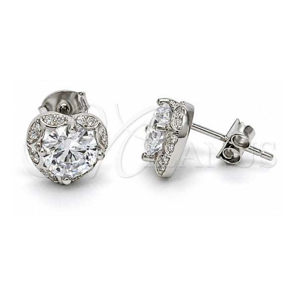 Sterling Silver Stud Earring, Heart Design, with White Cubic Zirconia and White Micro Pave, Polished, Raw, 02.285.0030