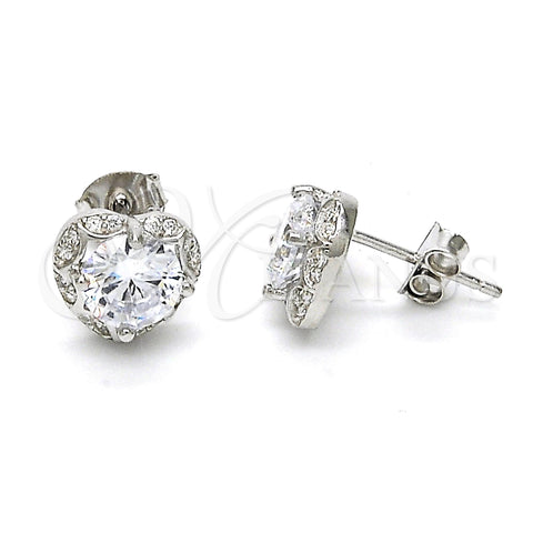 Sterling Silver Stud Earring, Heart Design, with White Cubic Zirconia and White Micro Pave, Polished, Raw, 02.285.0030