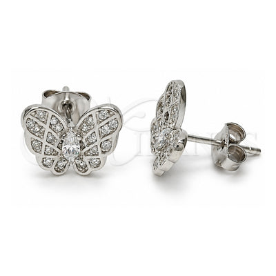 Sterling Silver Stud Earring, Butterfly Design, with White Cubic Zirconia and White Micro Pave, Polished, Rhodium Finish, 02.285.0034