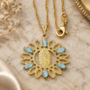 Oro Laminado Pendant Necklace, Gold Filled Style Guadalupe Design, with Aquamarine Opal, Polished, Golden Finish, 04.09.0054.1.18 (0.50 Gauge, 18 Inches Length)