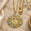 Oro Laminado Pendant Necklace, Gold Filled Style Caridad del Cobre Design, with Aquamarine Opal, Polished, Golden Finish, 04.09.0055.2.18 (0.50 Gauge, 18 Inches Length)